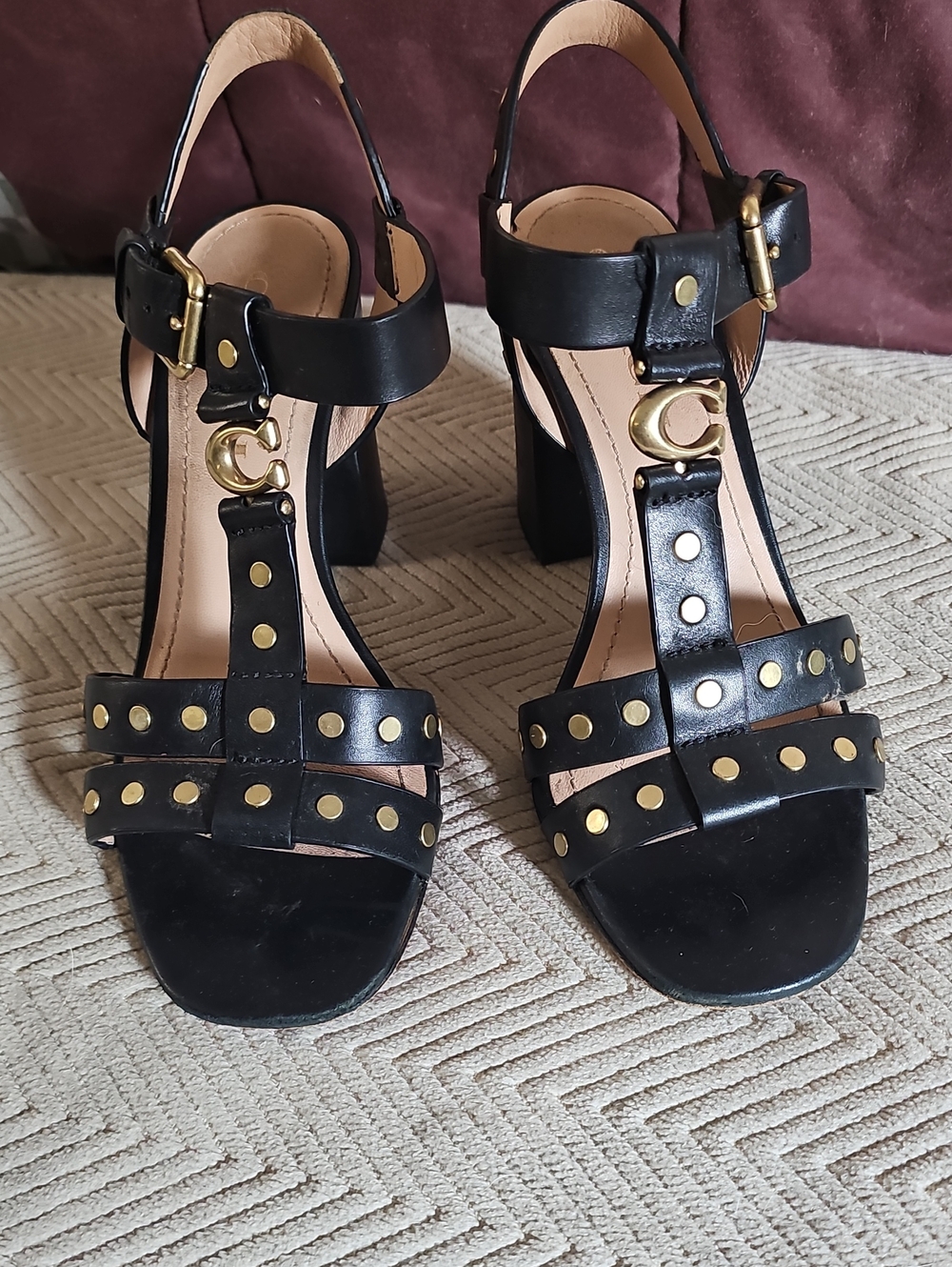 Coach Black Leather Studded Block Heel Sandals with Gold Accents
